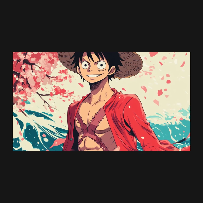 Luffy's Spring Adventure: Cherry Blossoms and Ocean Waves Desk Mat