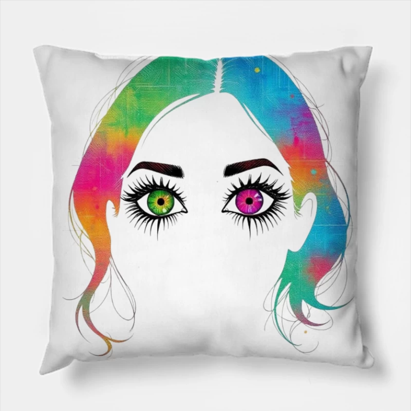 Artistic Rainbow Portrait with Heterochromatic Eyes Throw Pillow