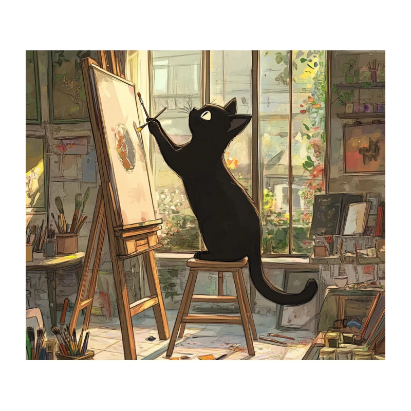 Whimsical Cat Artist in Sunlit Studio Tapestry