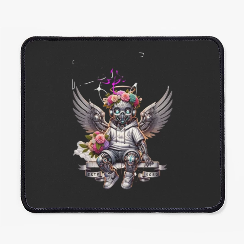 Angelic Steampunk Robot with Floral Crown and Wings Mouse Pad