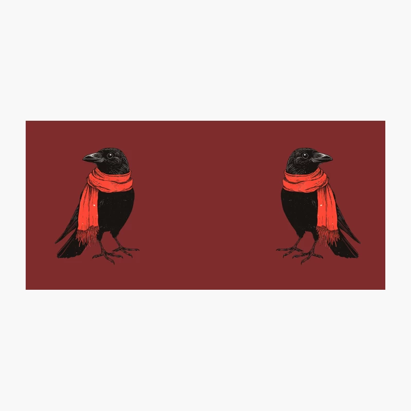 Symmetrical Ravens in Red Scarves: Winter Illustration Coffee Mug