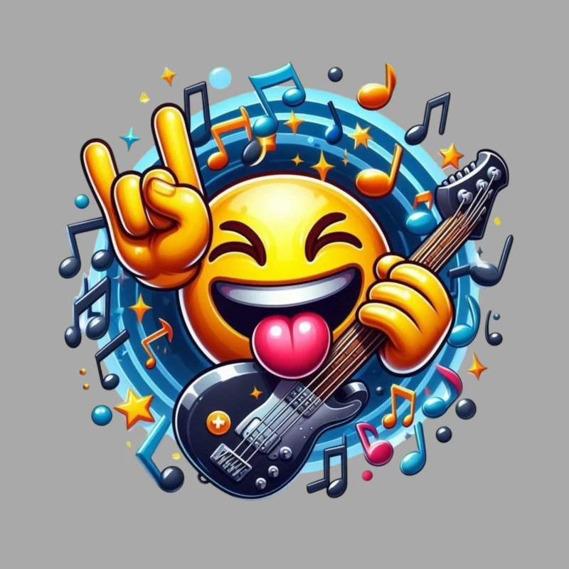 Rocking Smiley Emoji with Guitar and Music Notes Male Pullover Hoodie
