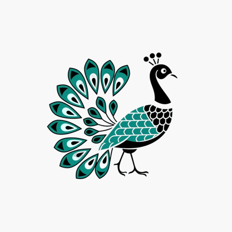 Stylized Geometric Peacock Illustration in Teal and Black Cotton Tote Bag