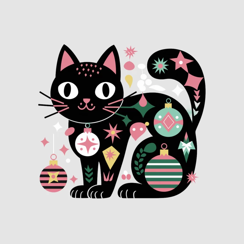 Festive Black Cat with Christmas Ornaments Illustration Female Pullover Hoodie