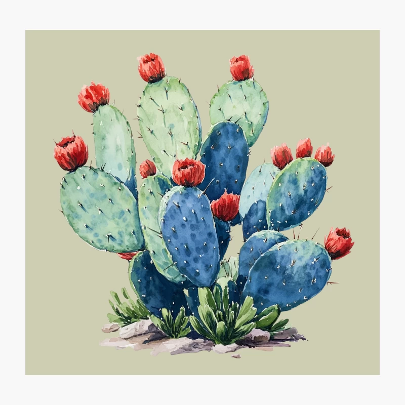 Vibrant Watercolor Prickly Pear Cactus with Red Blooms Throw Pillow