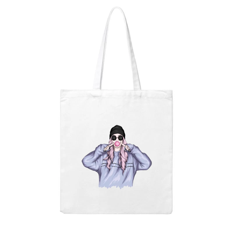 Playful Girl with Bubble Gum in Casual Outfit Cotton Tote Bag
