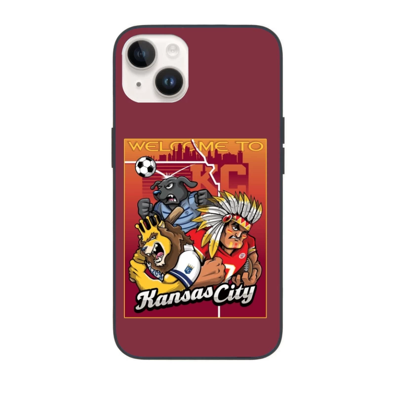 Kansas City Sports Mascots with City Skyline Illustration iPhone Case