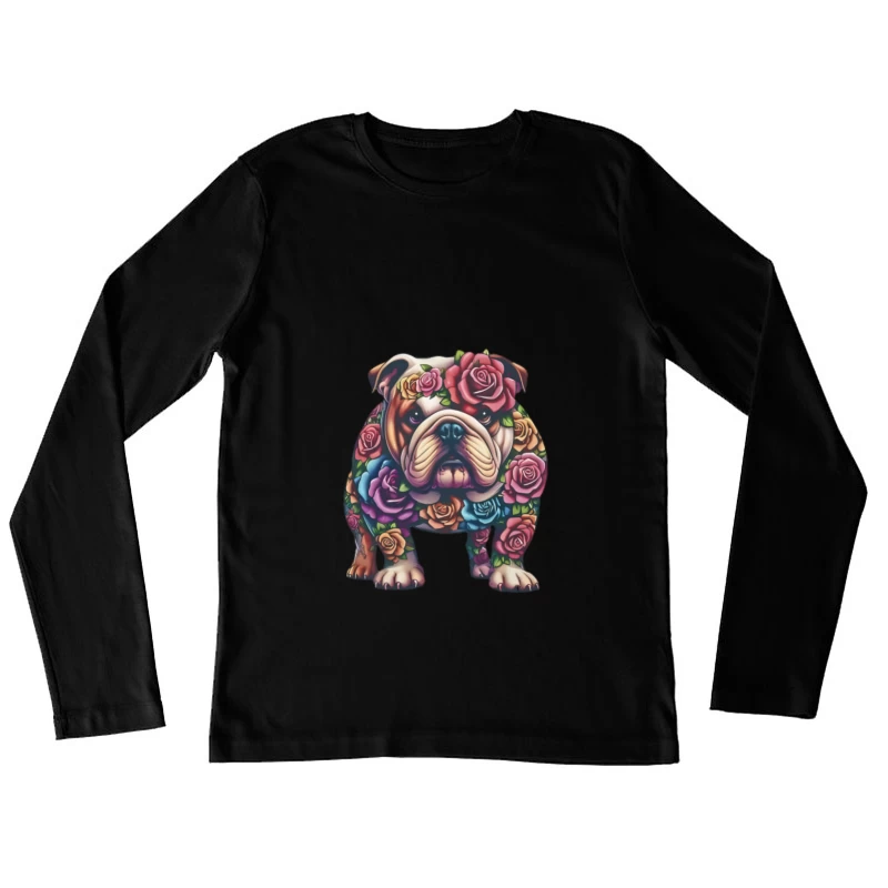 Bunter Bulldoggen-Kunstentwurf mit Rosen Damen Langarm T-Shirt
