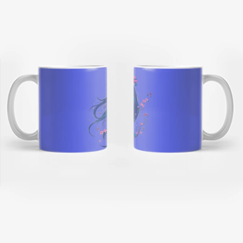 Elegant Anime Girl with Blue Hair and Floral Accents in Evening Dress Coffee Mug