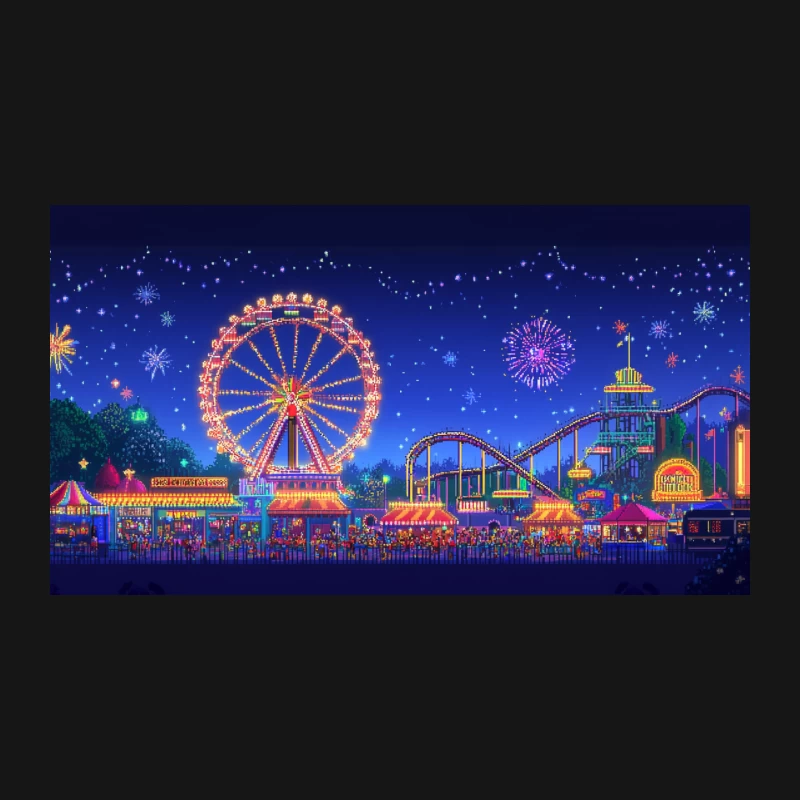 Illuminated Amusement Park at Night with Fireworks Desk Mat