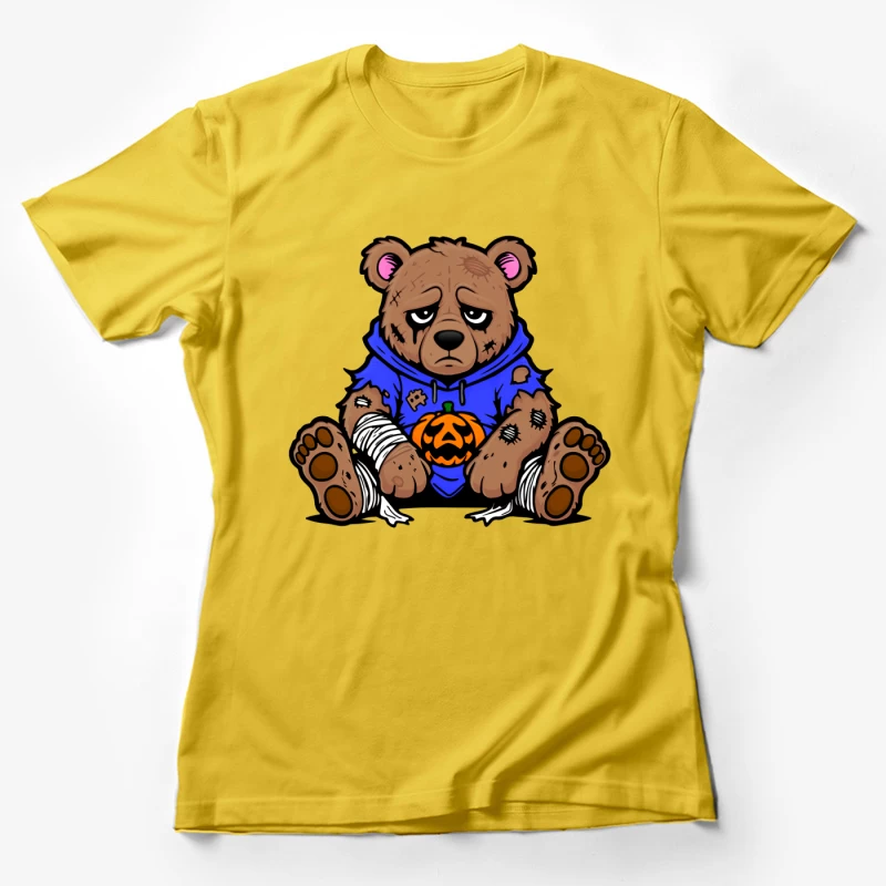 Sad Injured Teddy Bear in Blue Hoodie with Halloween Pumpkin Female T-Shirt