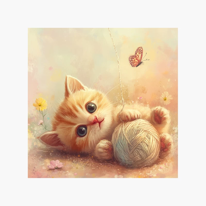 Playful Kitten with Yarn Ball and Butterfly in Pastel Garden Cotton Tote Bag