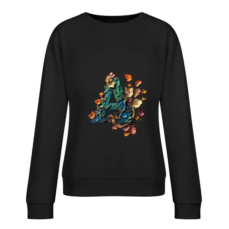 Ornate Teal Letter A with Autumn Floral Embellishments Female Pullover Sweatshirt