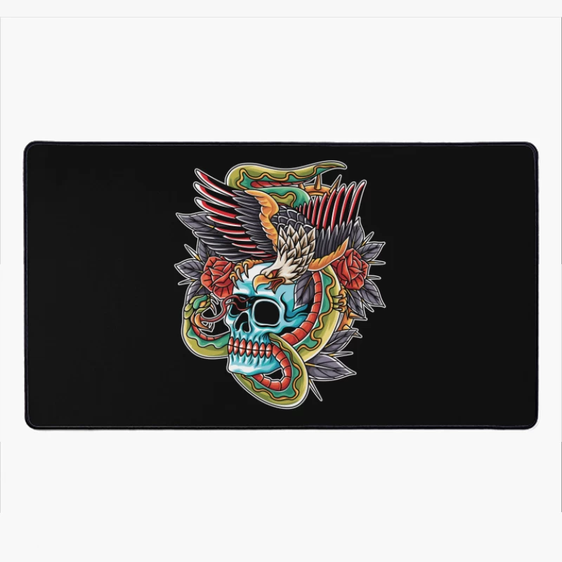 Colorful Tattoo Design Featuring a Skull, Eagle, and Snake Desk Mat