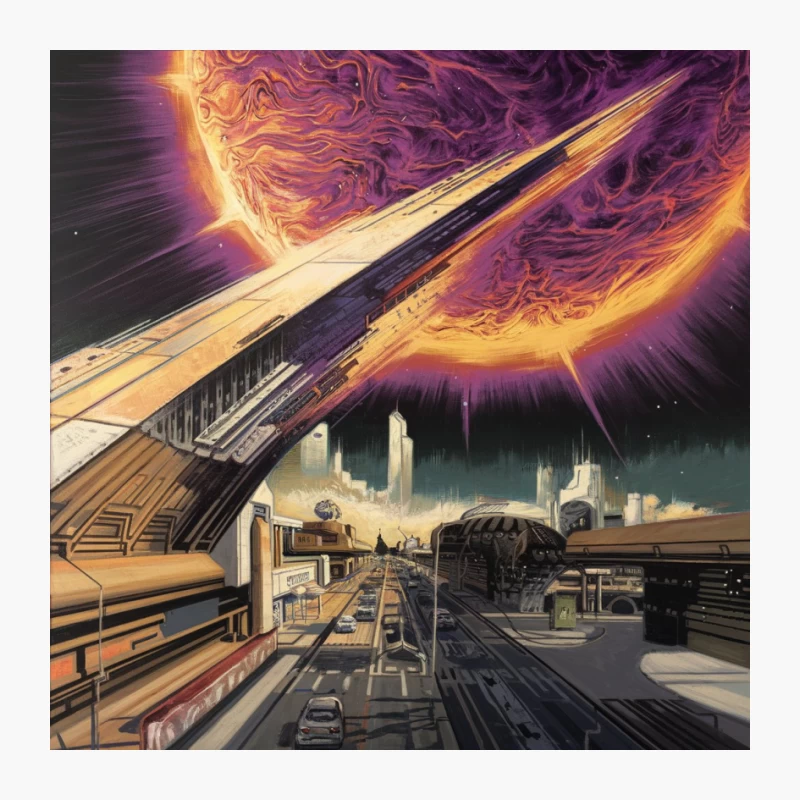 Cosmic Energy Illuminates Futuristic Space Station Above Dystopian Cityscape Pin