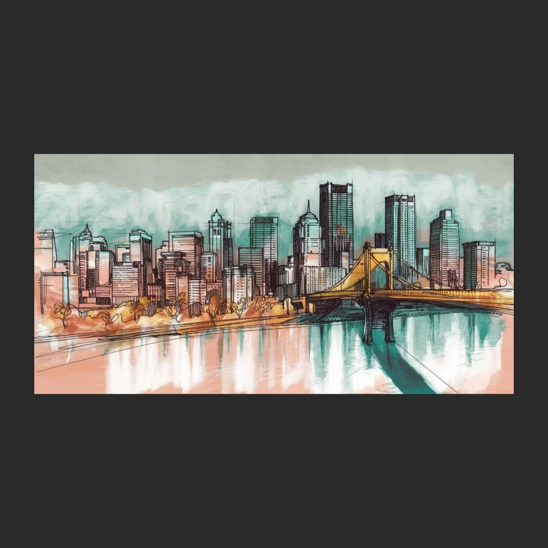 Urban Waterfront Cityscape: Modern Skyline with Bridge Painting Baseball Cap