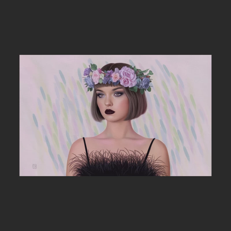 Ethereal Portrait: Woman with Floral Crown and Feathered Fashion Baseball Cap
