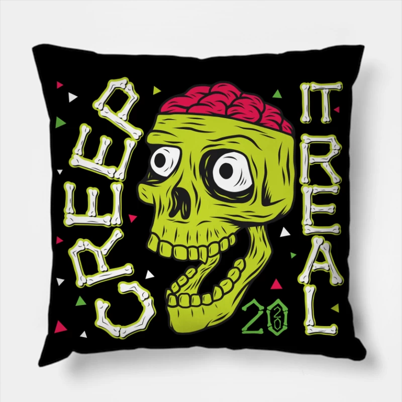 Colorful Zombie Skull Illustration Throw Pillow