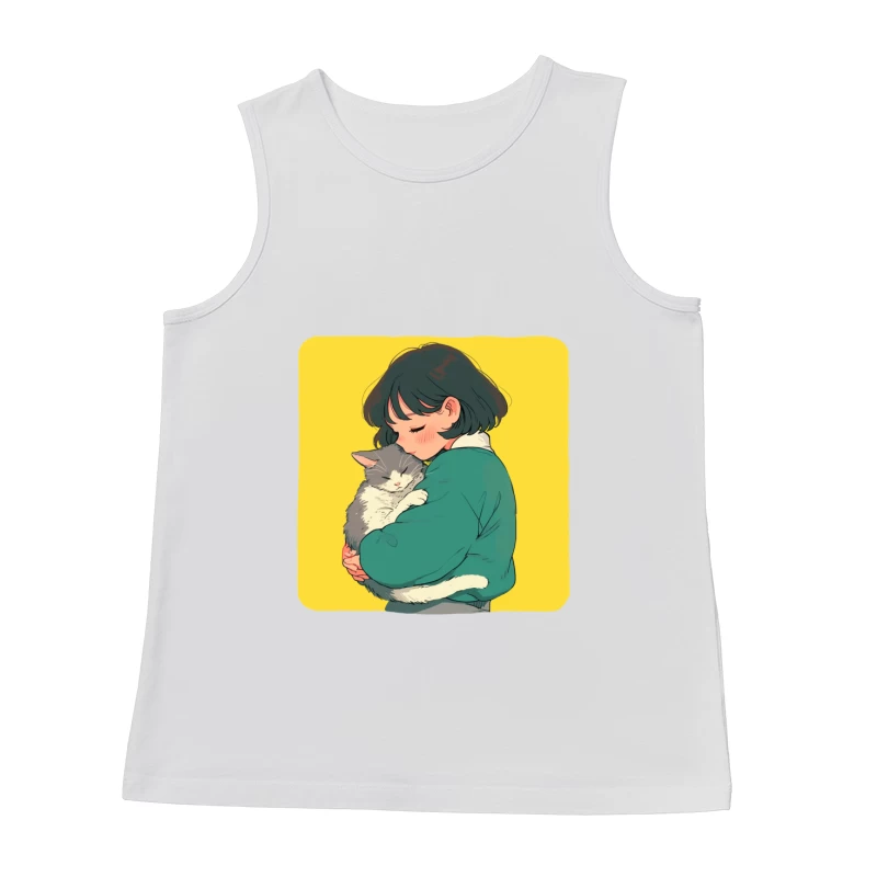 Gentle Embrace: Girl in Green Cuddling Gray Cat Male Tank Top