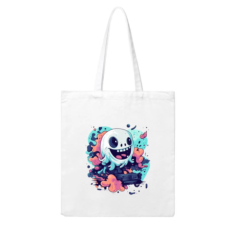 Playful Ghost with Colorful Swirls Gaming Art Cotton Tote Bag