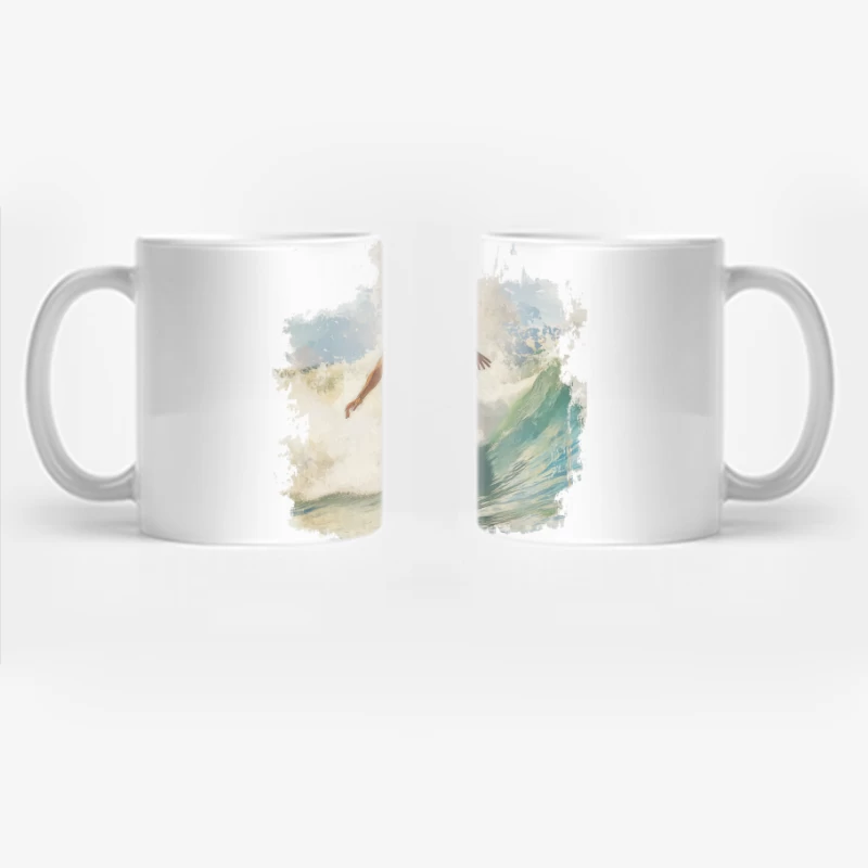 Dynamic Watercolor Surfer Riding Turquoise Wave Coffee Mug