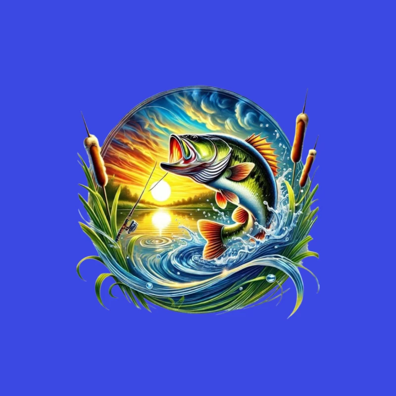 Beautiful Bass Fishing Artwork at Sunset Tapestry