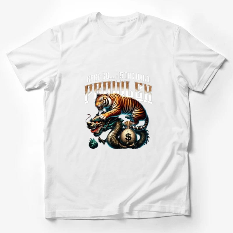 Tiger and Dragon Fighting Over Money: Symbolic Power Artwork Male T-Shirt