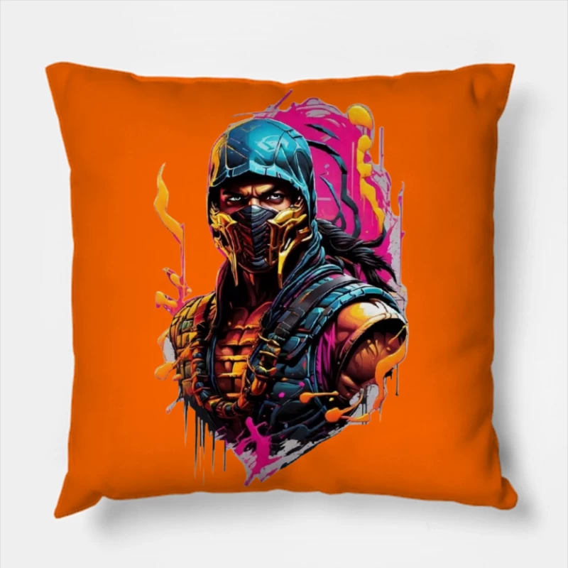 Vibrant Digital Art of a Masked Character Throw Pillow