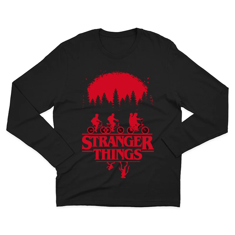 Stranger Things Red Silhouette Poster with Kids on Bikes Male Long Sleeve T-Shirt