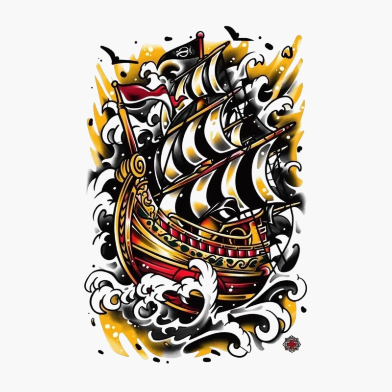 Artistic Pirate Ship Design Cotton Tote Bag