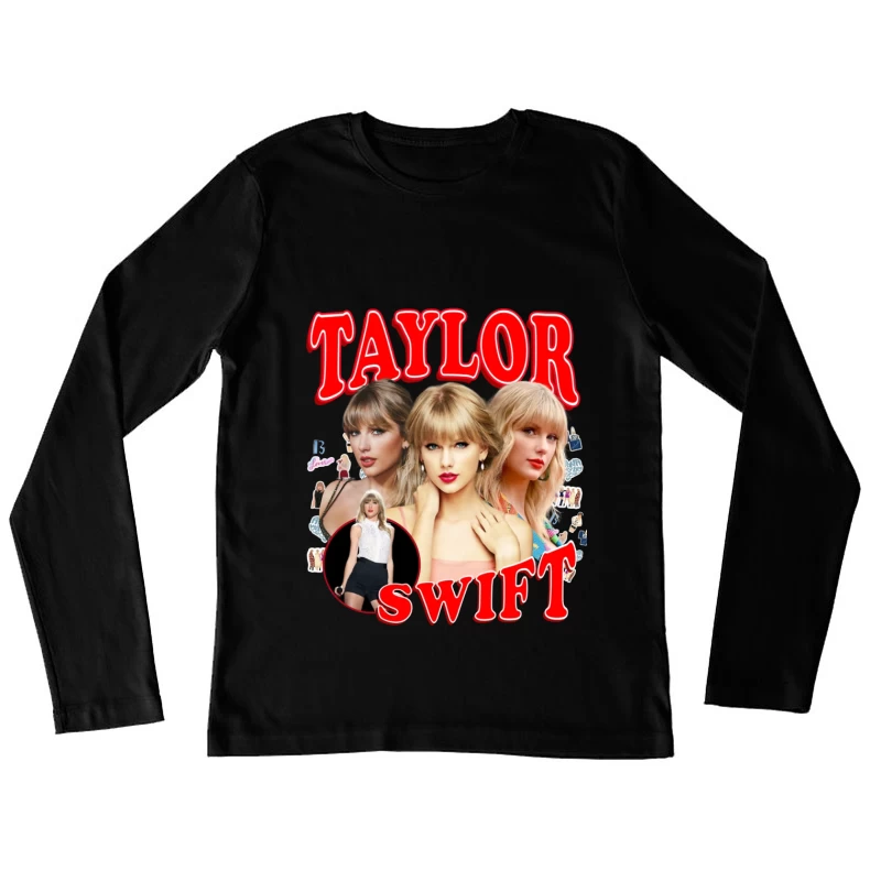 Pop Star Photo Collage with Red Typography Female Long Sleeve T-Shirt