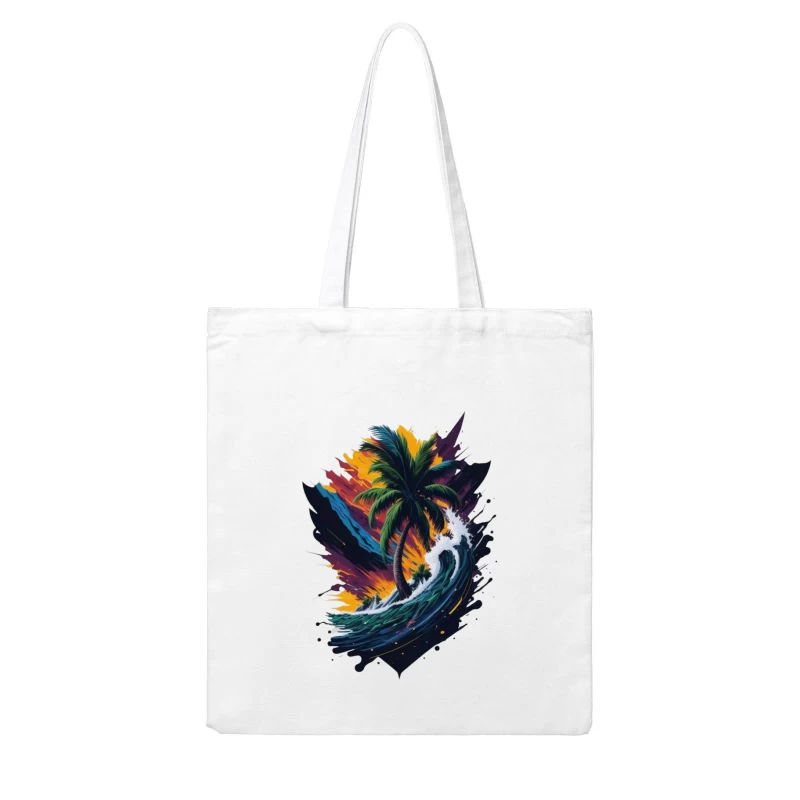 Tropical Sunset with Palm Tree and Ocean Waves Cotton Tote Bag