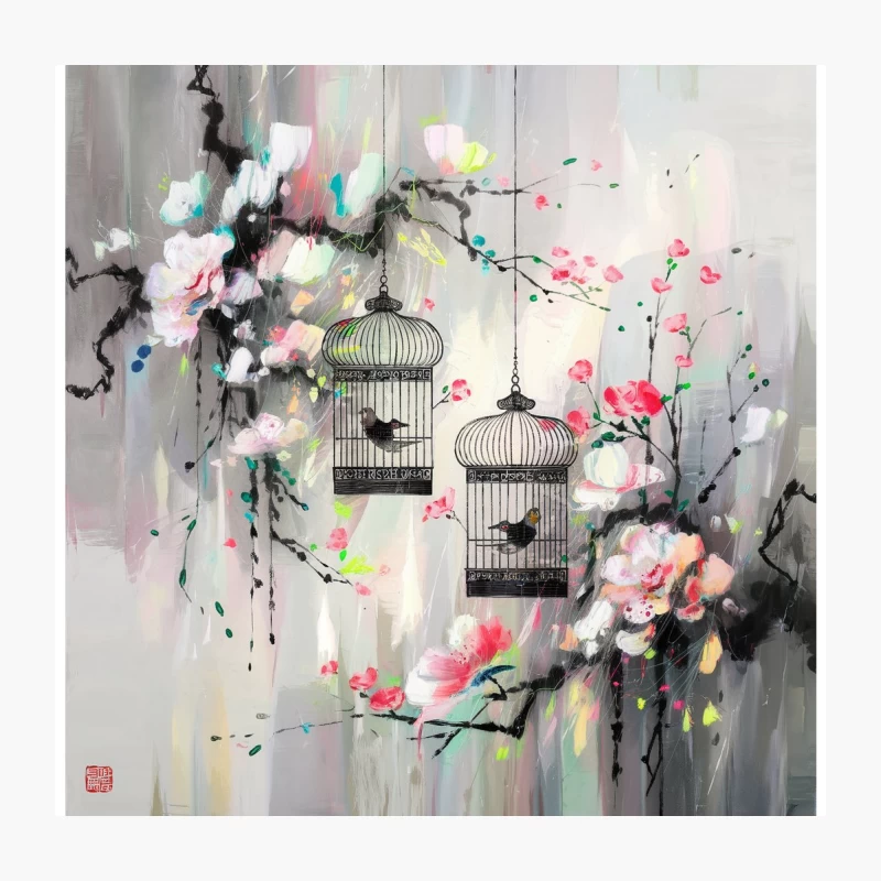 Ethereal Oriental Birdcages Amidst Cherry Blossoms Throw Pillow