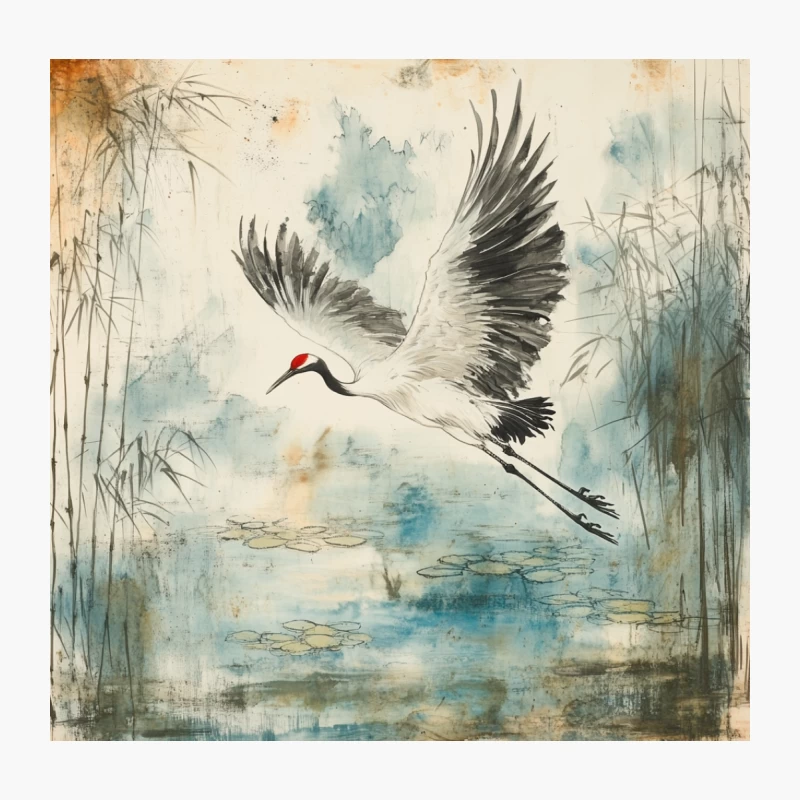 Graceful Crane's Flight: Watercolor Nature Scene in Asian Art Style Throw Pillow
