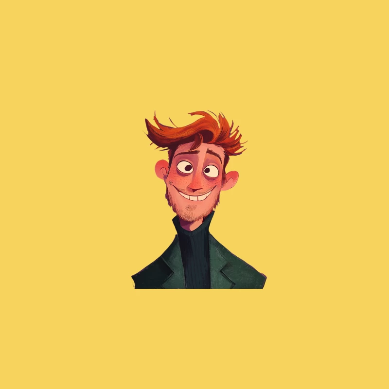 Cheerful Red-Haired Cartoon Character in Green Jacket Digital Illustration Bucket Hat