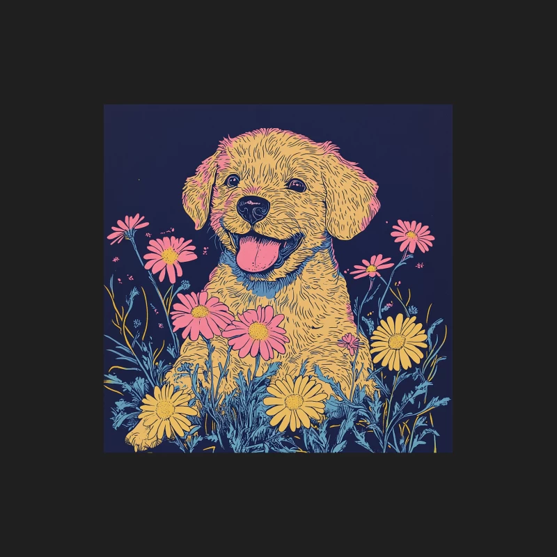 Cheerful Golden Retriever Portrait Amidst Colorful Floral Illustration Male Tank Top