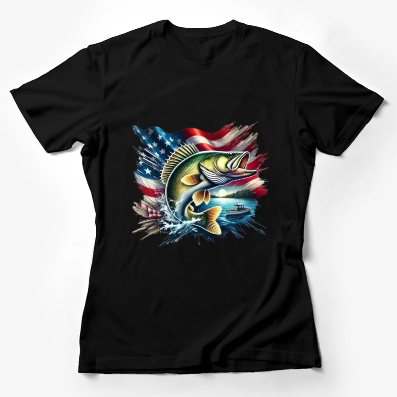 Dynamic Fish with American Flag and Scenic Background Female T-Shirt