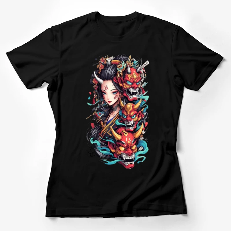 Geisha mit Oni-Masken und Blumen Damen T-Shirt