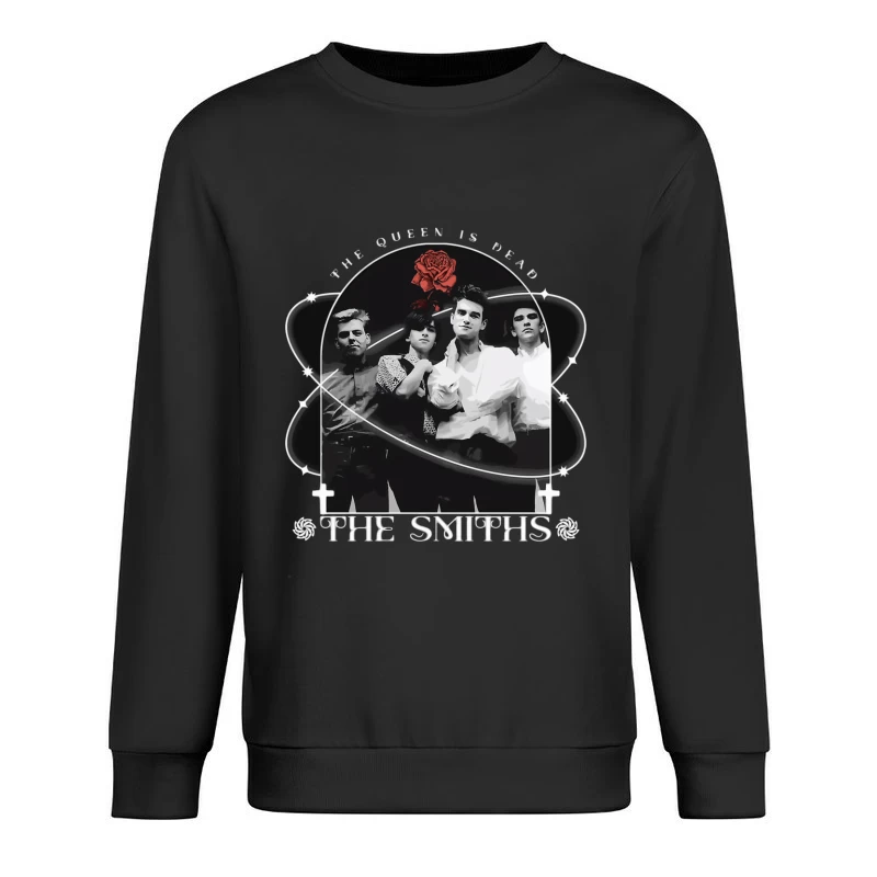 The Smiths - Vintage Black and White Band Portrait with Red Rose Male Pullover Sweatshirt