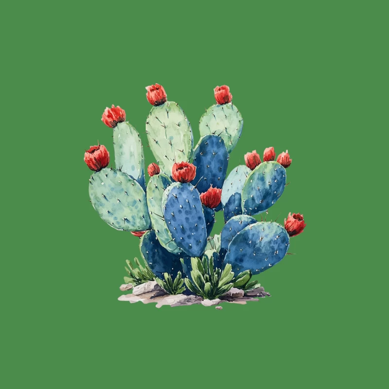 Vibrant Watercolor Prickly Pear Cactus with Red Blooms Male T-Shirt