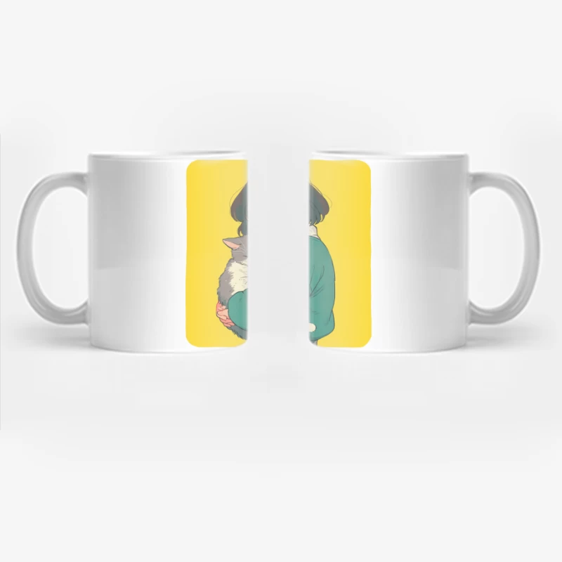 Gentle Embrace: Girl in Green Cuddling Gray Cat Coffee Mug