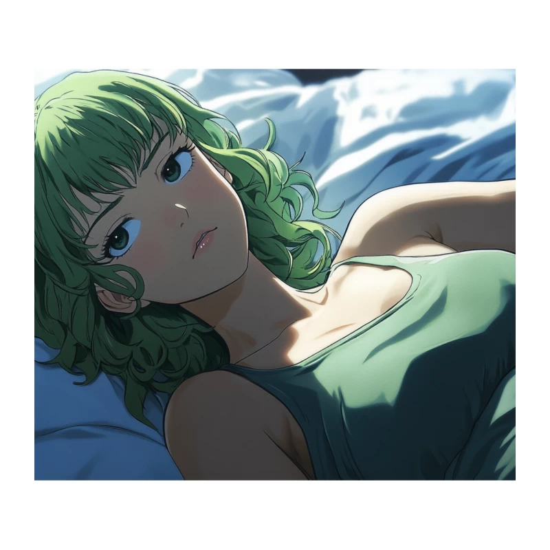 Sleepy Anime Girl with Green Hair Resting in Sunlit Bedroom Tapestry