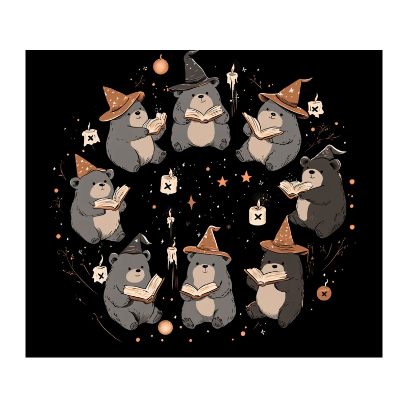Magical Reading Bears with Witch Hats on Halloween Night Tapestry