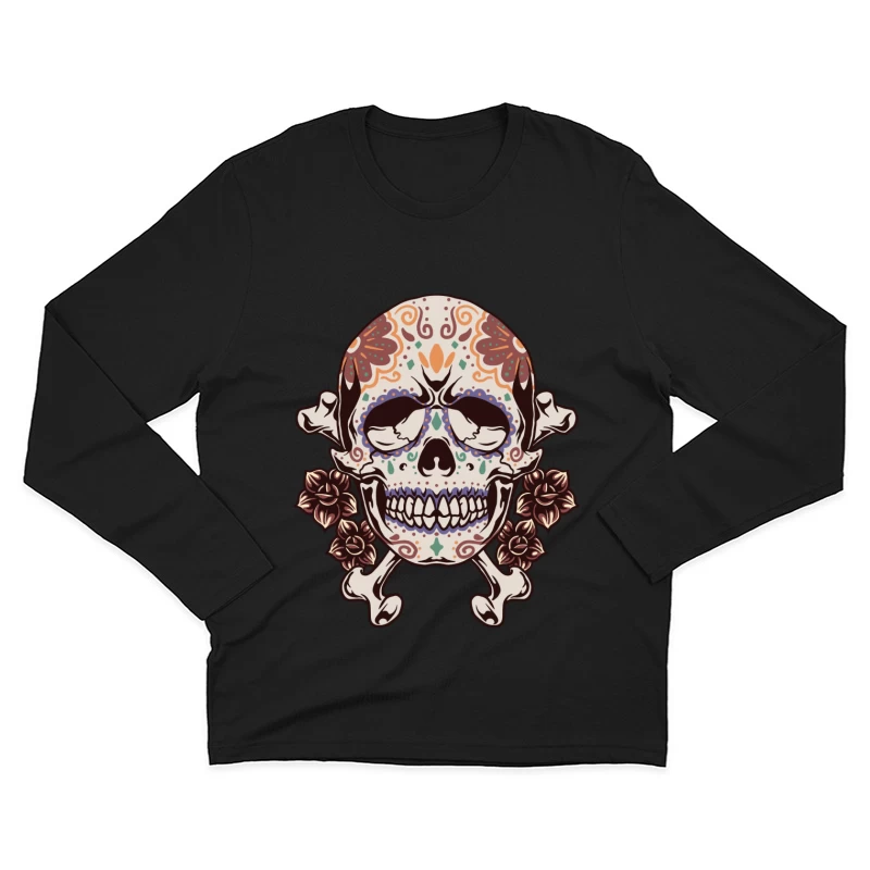 Decorative Skull with Crossbones and Floral Elements Male Long Sleeve T-Shirt