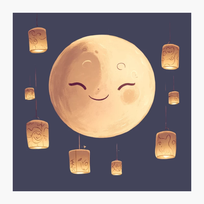 Whimsical Moon and Glowing Lanterns in the Night Sky Pin