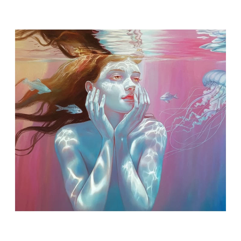 Ethereal Underwater Fantasy: Surreal Painting of Woman and Jellyfish Tapestry