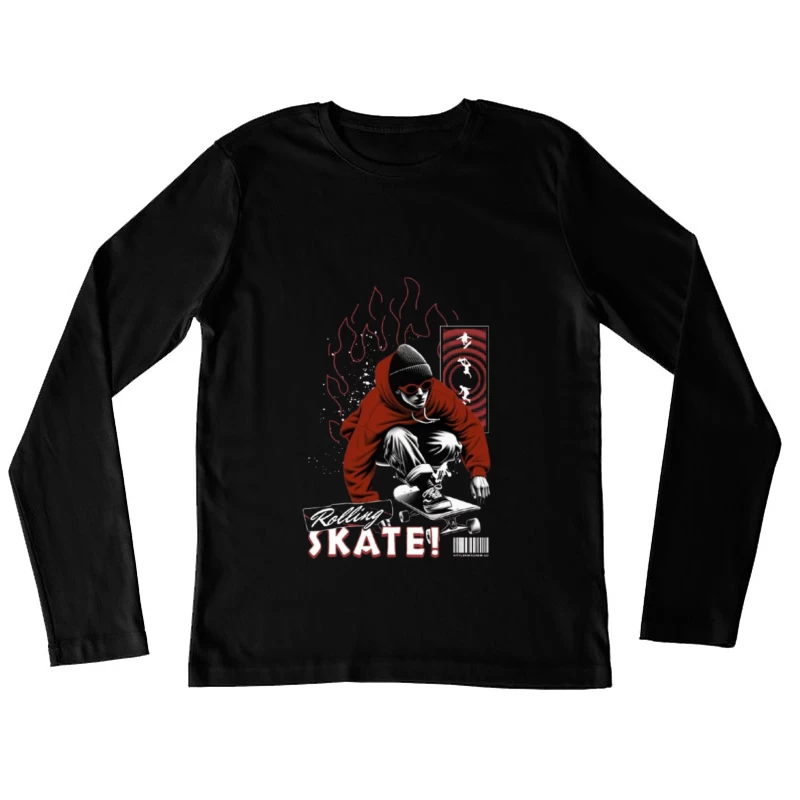 Urban Skateboarder in Red Hoodie - Street Art Style Female Long Sleeve T-Shirt