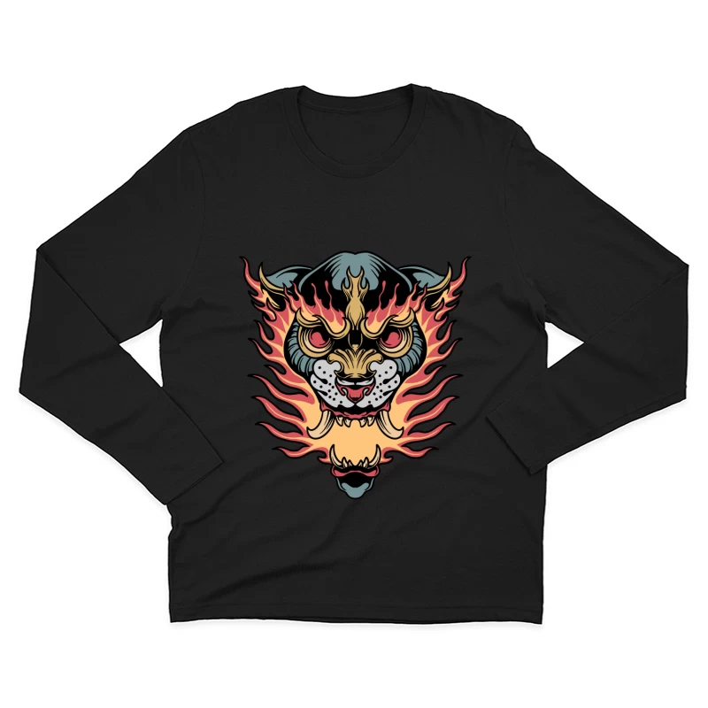 Flaming Tiger Head Design Male Long Sleeve T-Shirt