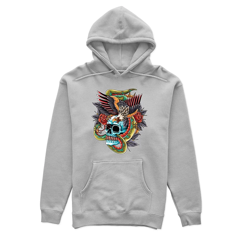 Colorful Tattoo Design Featuring a Skull, Eagle, and Snake Female Pullover Hoodie