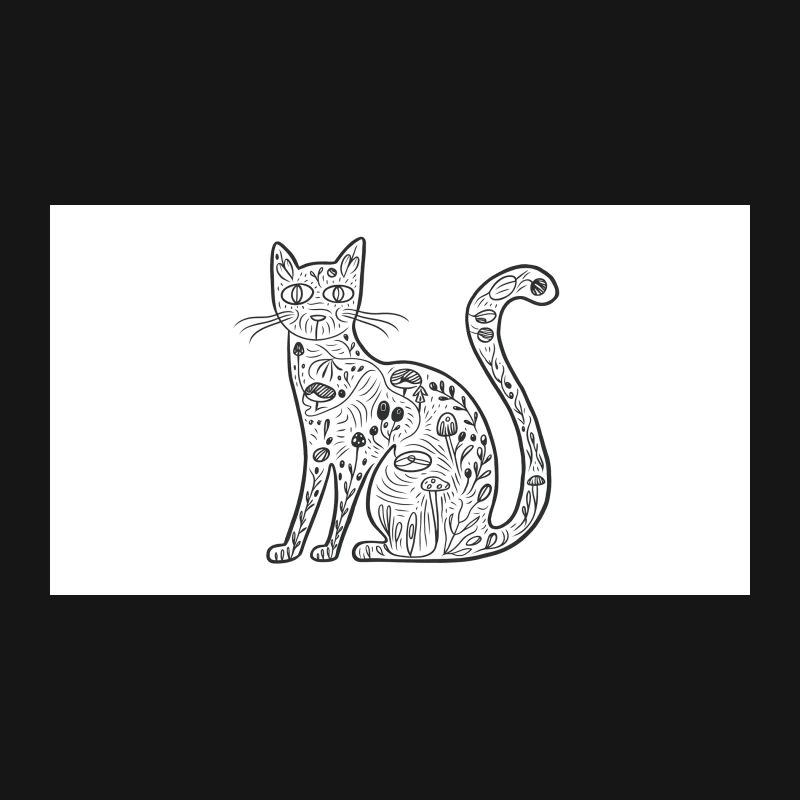 Whimsical Floral Cat: Nature-Inspired Line Drawing Desk Mat
